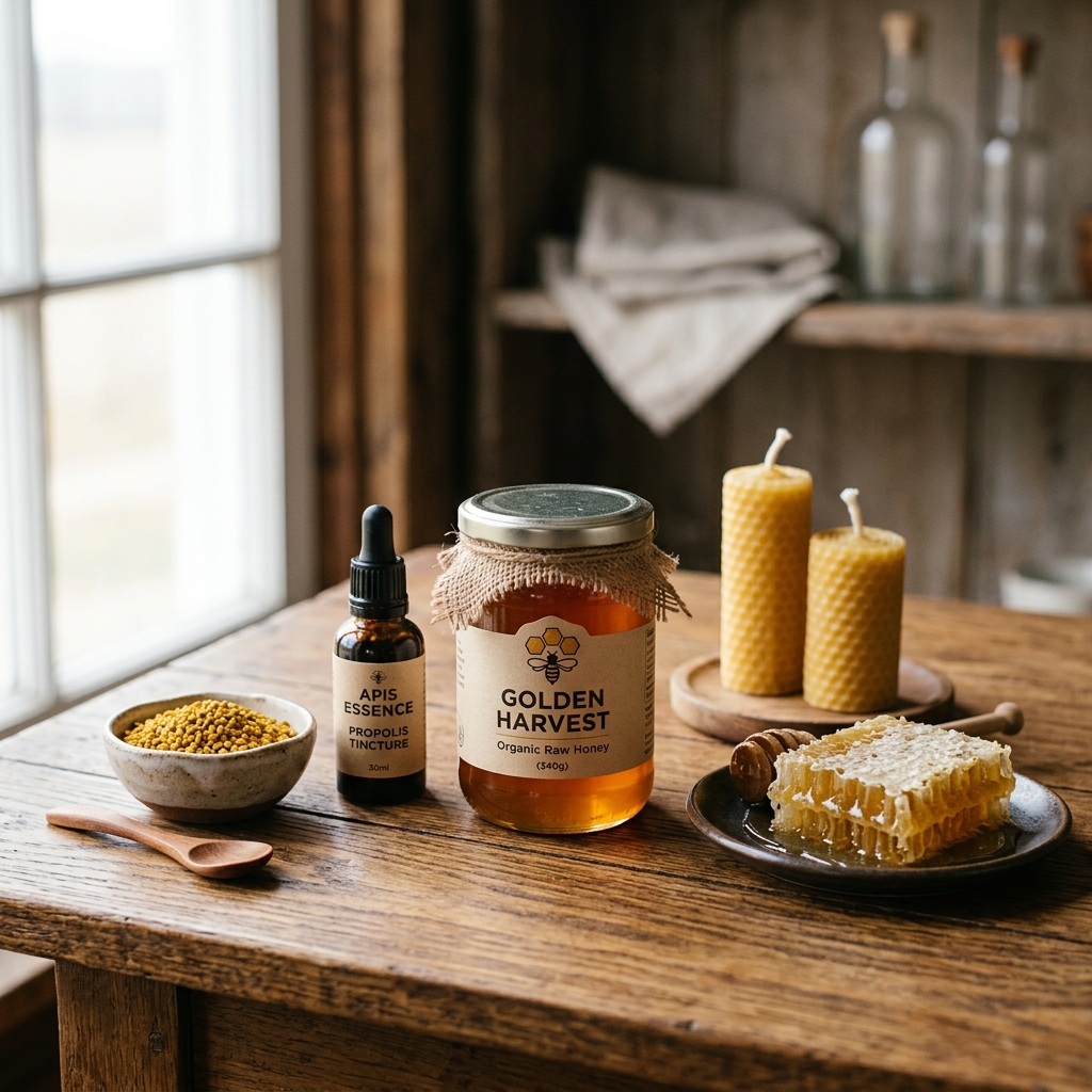 Bienenprodukte: Honigglas, Bienenwachskerzen, Pollen und Propolis-Tinktur